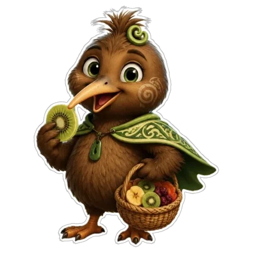 Kia Ora Kiwi, the Matuora kiwi mascot holding air-dried fruit